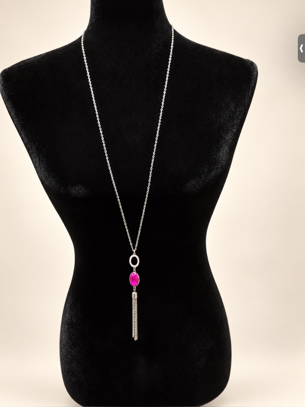 Long Pendant Necklace with Pink Stone and Tassel